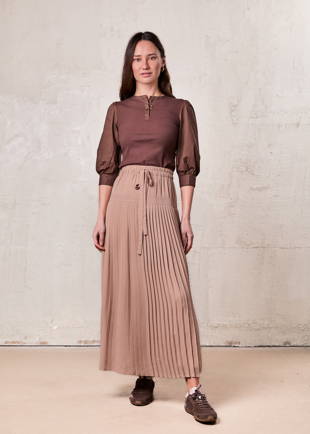 Puff Sleeve Ribbed T-Shirt-Brown-1