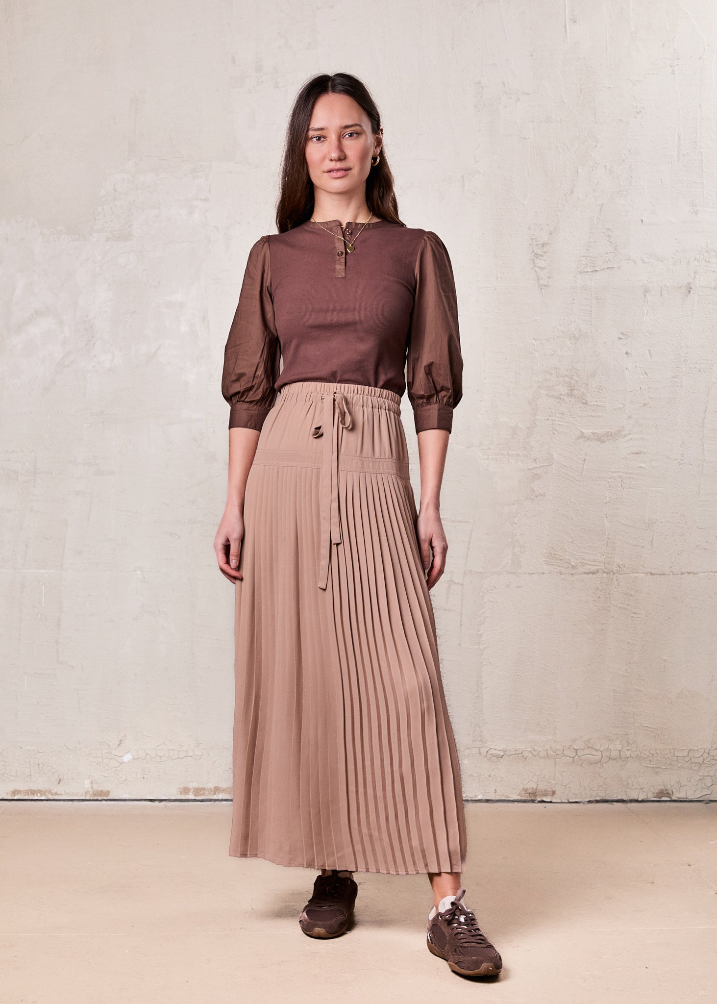 Puff Sleeve Ribbed T-Shirt-Brown-1