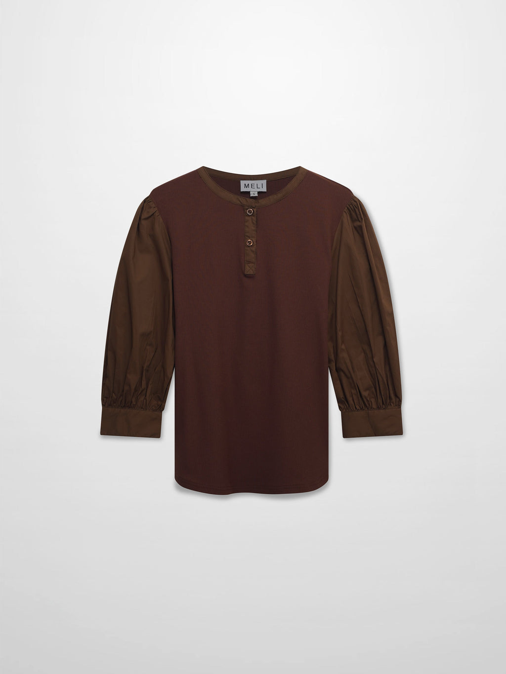 Puff Sleeve Ribbed T-Shirt-Brown-2