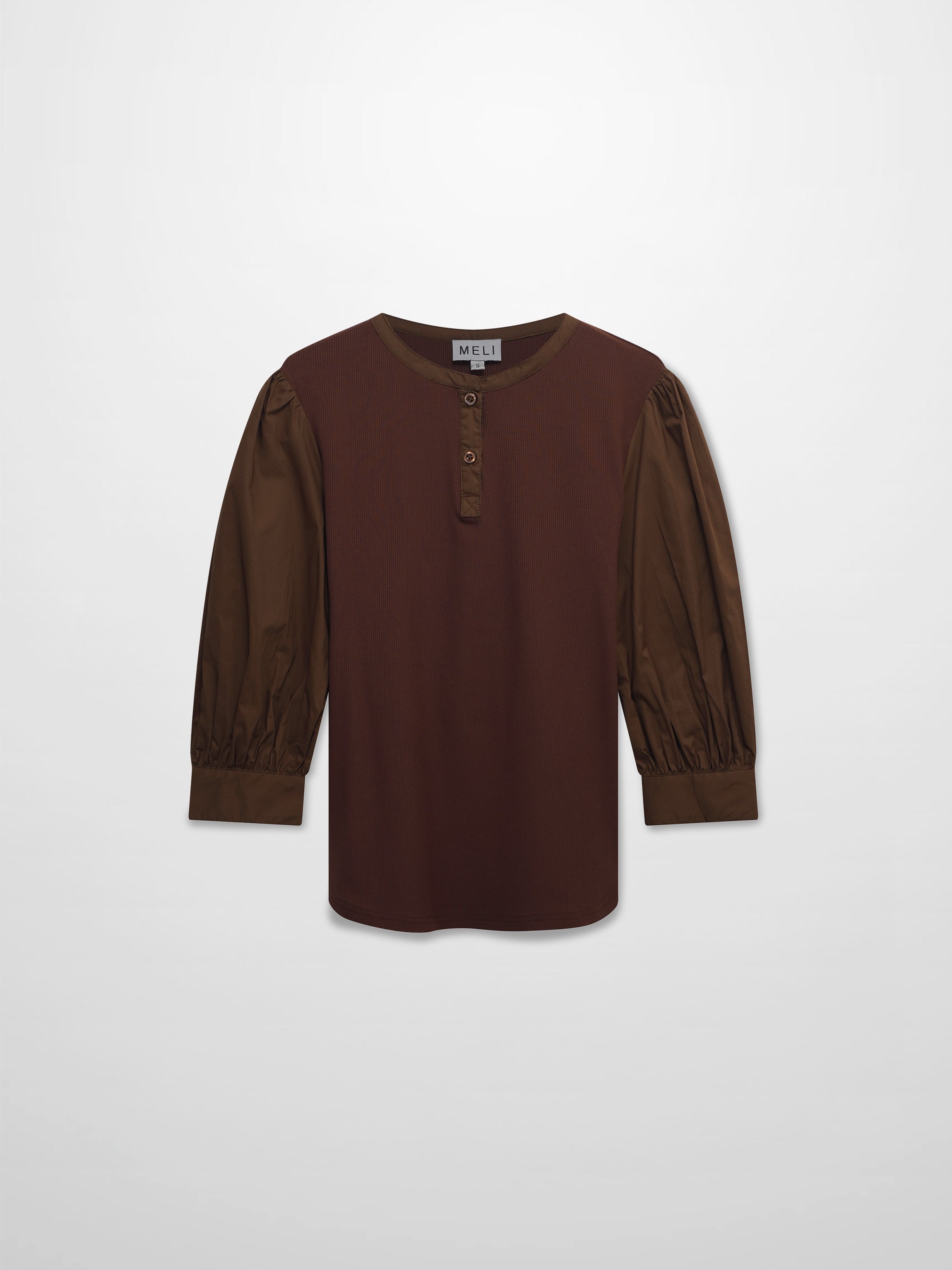 Puff Sleeve Ribbed T-Shirt-Brown-2