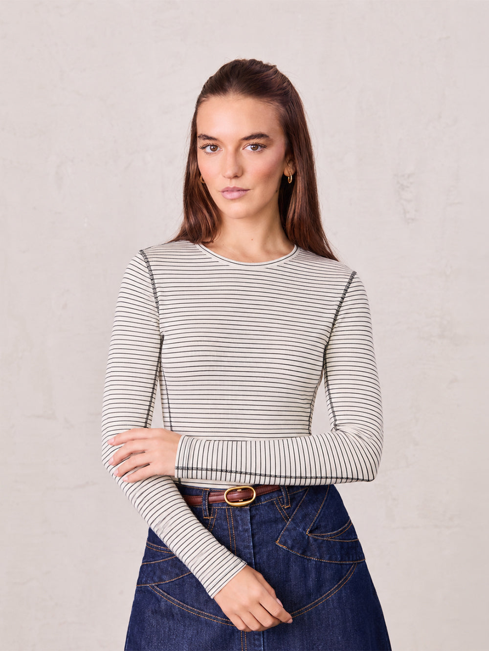 Striped Cross Stitch T-Shirt-White-0