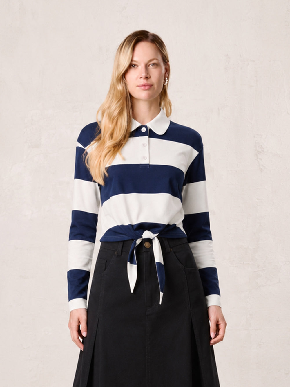 Striped Tie Bottom T-Shirt-Navy-0