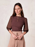 Puff Sleeve Ribbed T-Shirt-Brown-0