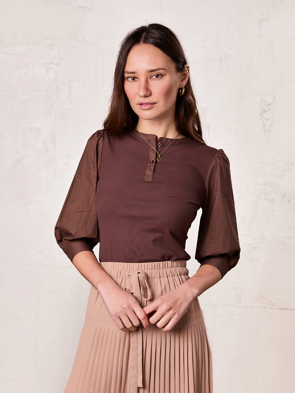 Puff Sleeve Ribbed T-Shirt-Brown-0