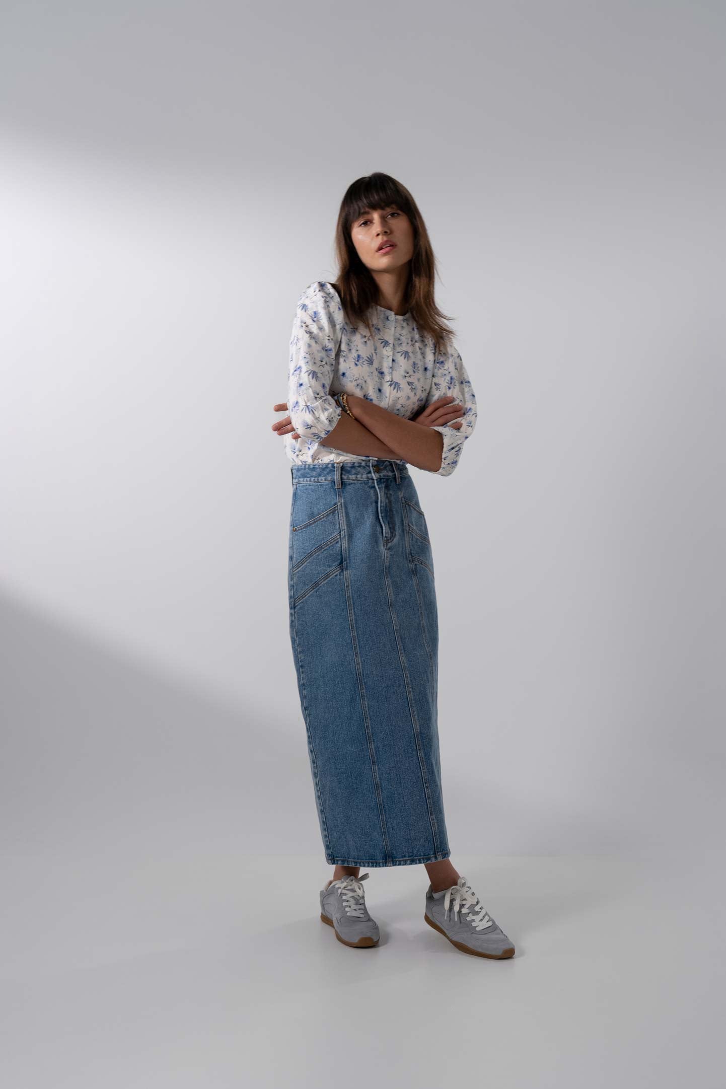 Front Seam Detail Denim Skirt-Blue Wash-2
