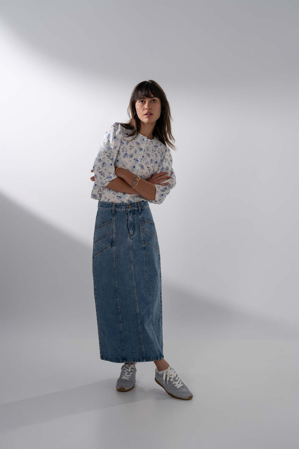 Front Seam Detail Denim Skirt-Blue Wash-3
