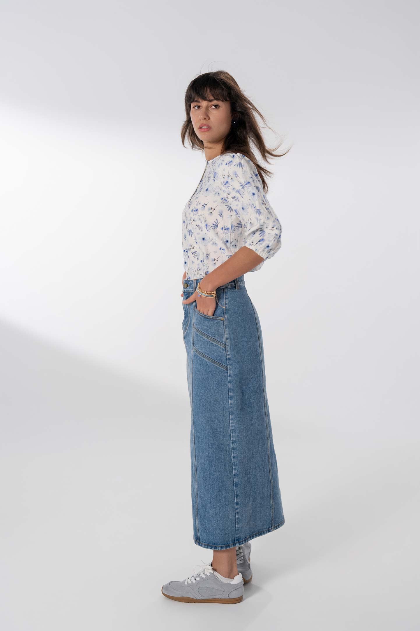 Front Seam Detail Denim Skirt-Blue Wash-4